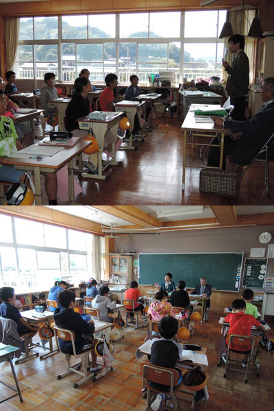 竹島小学校６年生教室で保育の父・音次郎の話をする事務局 瀬戸と中平副会長