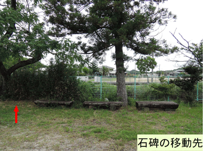 石碑の移動先。中央に石製のベンチが３つ並んでおり、その左側に矢印がある。後ろには薄緑のフェンスがあり川の向こうには竹島小学校の校庭が見える。