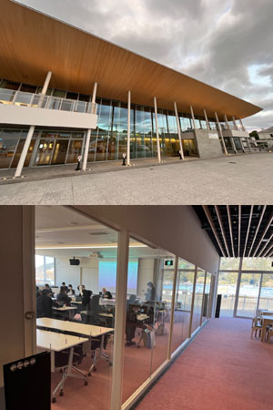 四万十市総合文化センター「しまんとぴあ」の建物写真と、校長会を行っているミーティングルーム１＆２の様子。