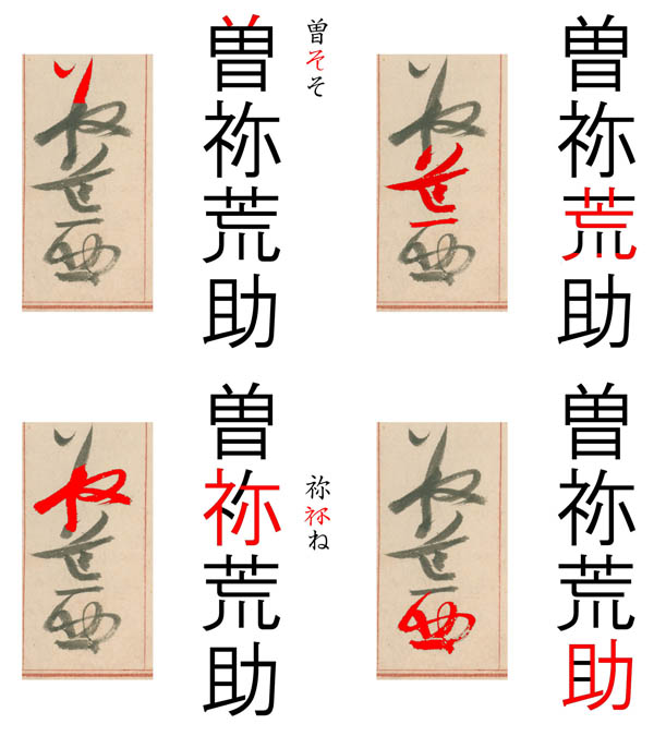 曽祢荒助のそれぞれの漢字が、奉加帳の筆記体の文字に分解されており、手書きの文字を曽祢荒助と読み解くヒントになった過程が図解されている